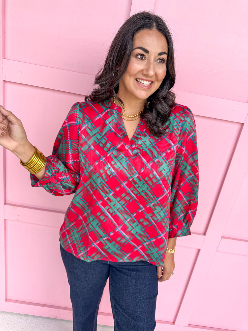 Mary Square Tamryn Top in Plaid About You Plus Size Red Green Pink Top