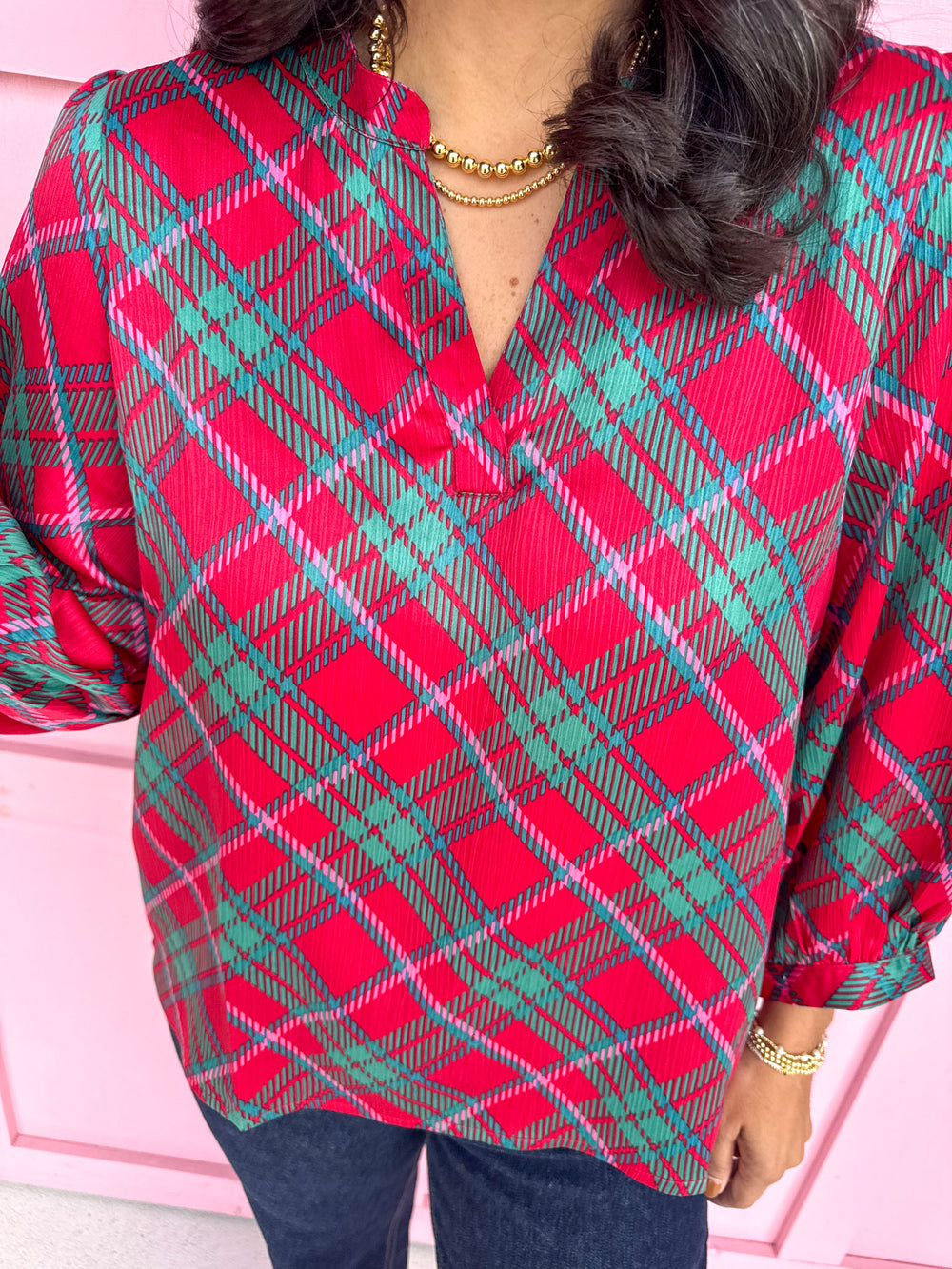 Mary Square Tamryn Top in Plaid About You Plus Size Red Green Pink Top