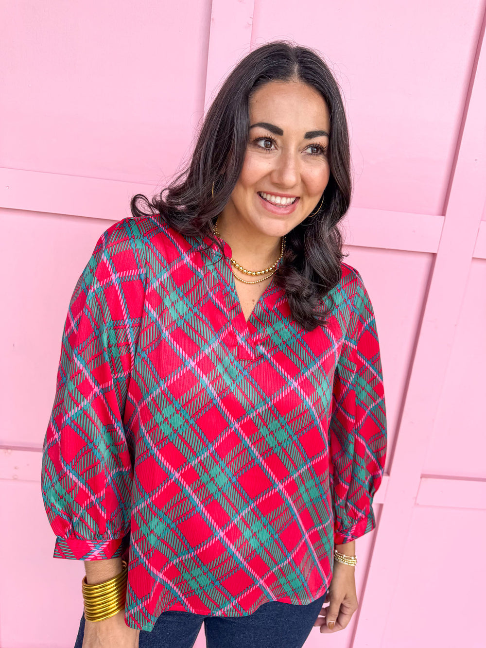 Mary Square Tamryn Top in Plaid About You Plus Size Red Green Pink Top