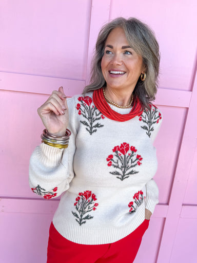 Jincy's Women's Boutique Floral Melody Sweater Ivory Sweater with Red Florals