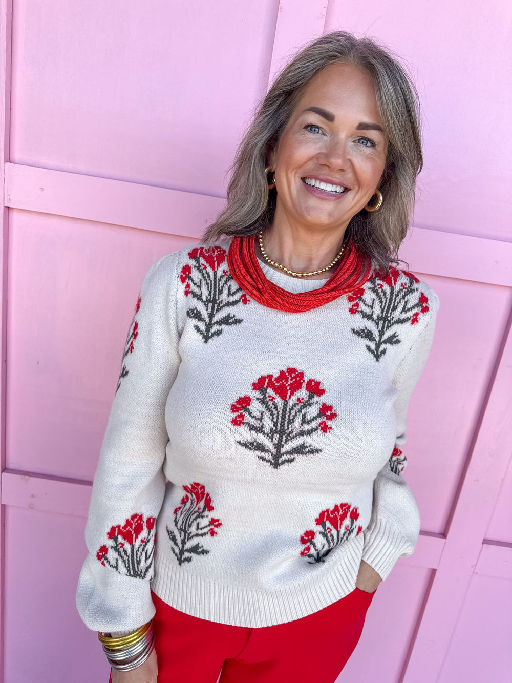 Jincy's Women's Boutique Floral Melody Sweater Ivory Sweater with Red Florals