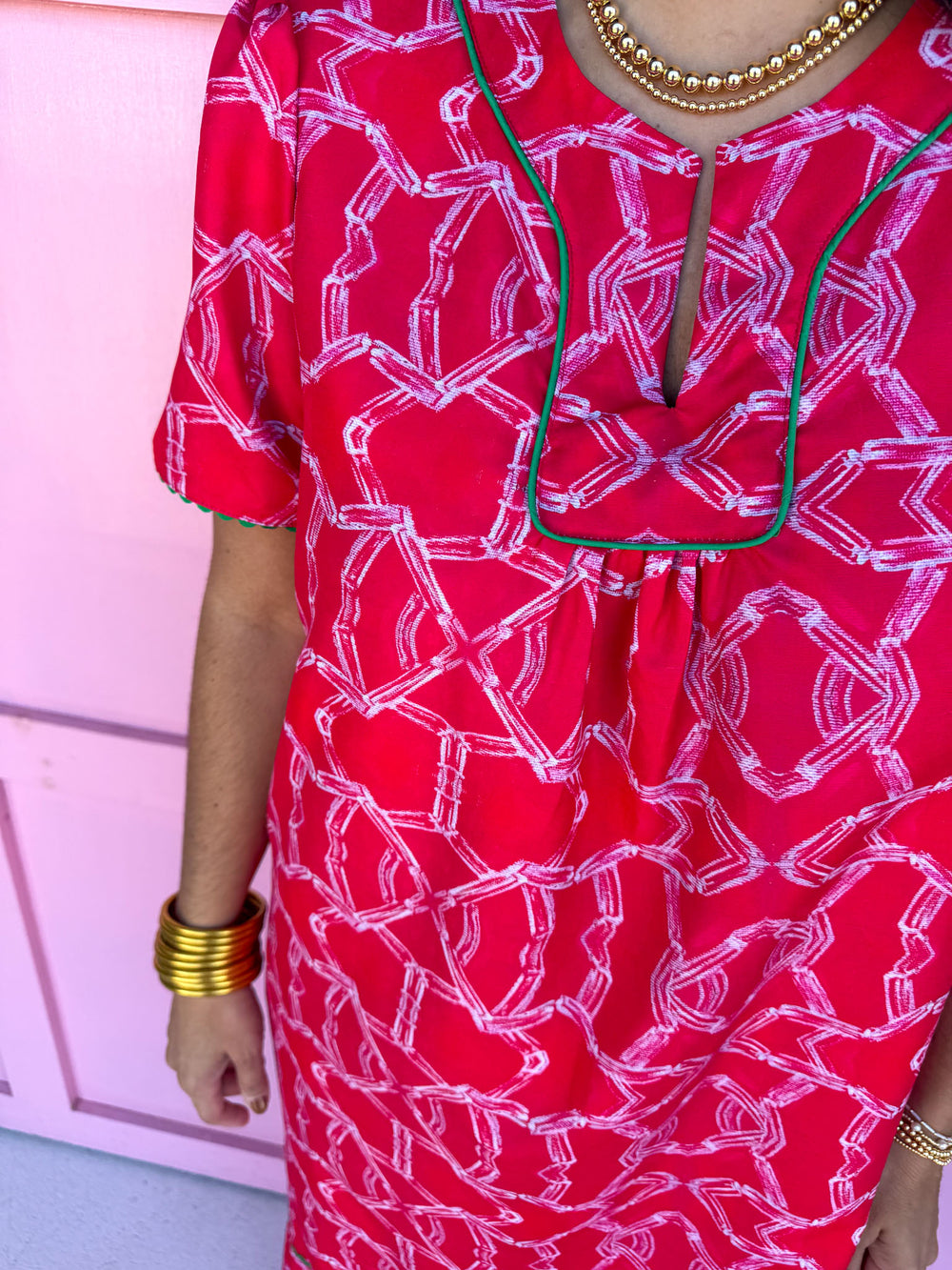 Jincy's Women's Boutique Happy Hour Dress Red Dress with White Bamboo Pattern Plus Size