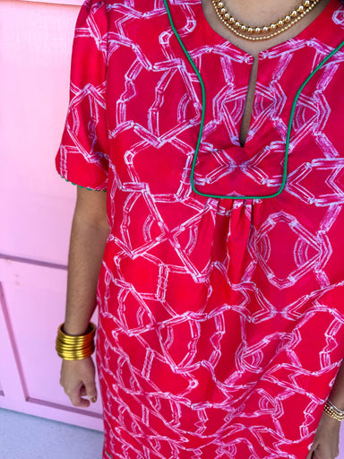 Jincy's Women's Boutique Happy Hour Dress Red Dress with White Bamboo Pattern Plus Size