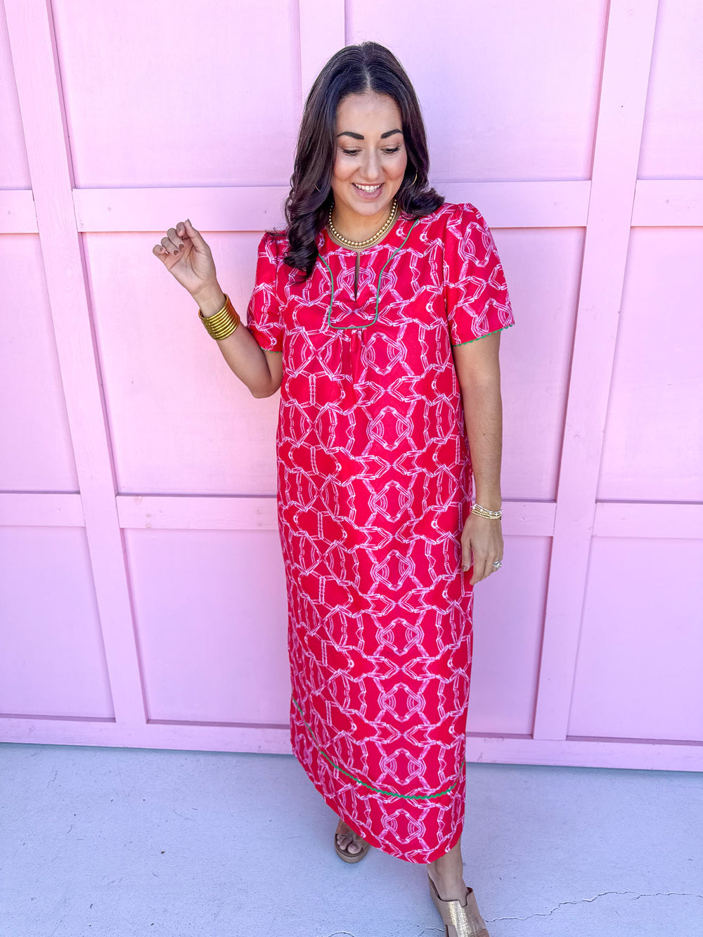 Jincy's Women's Boutique Happy Hour Dress Red Dress with White Bamboo Pattern Plus Size