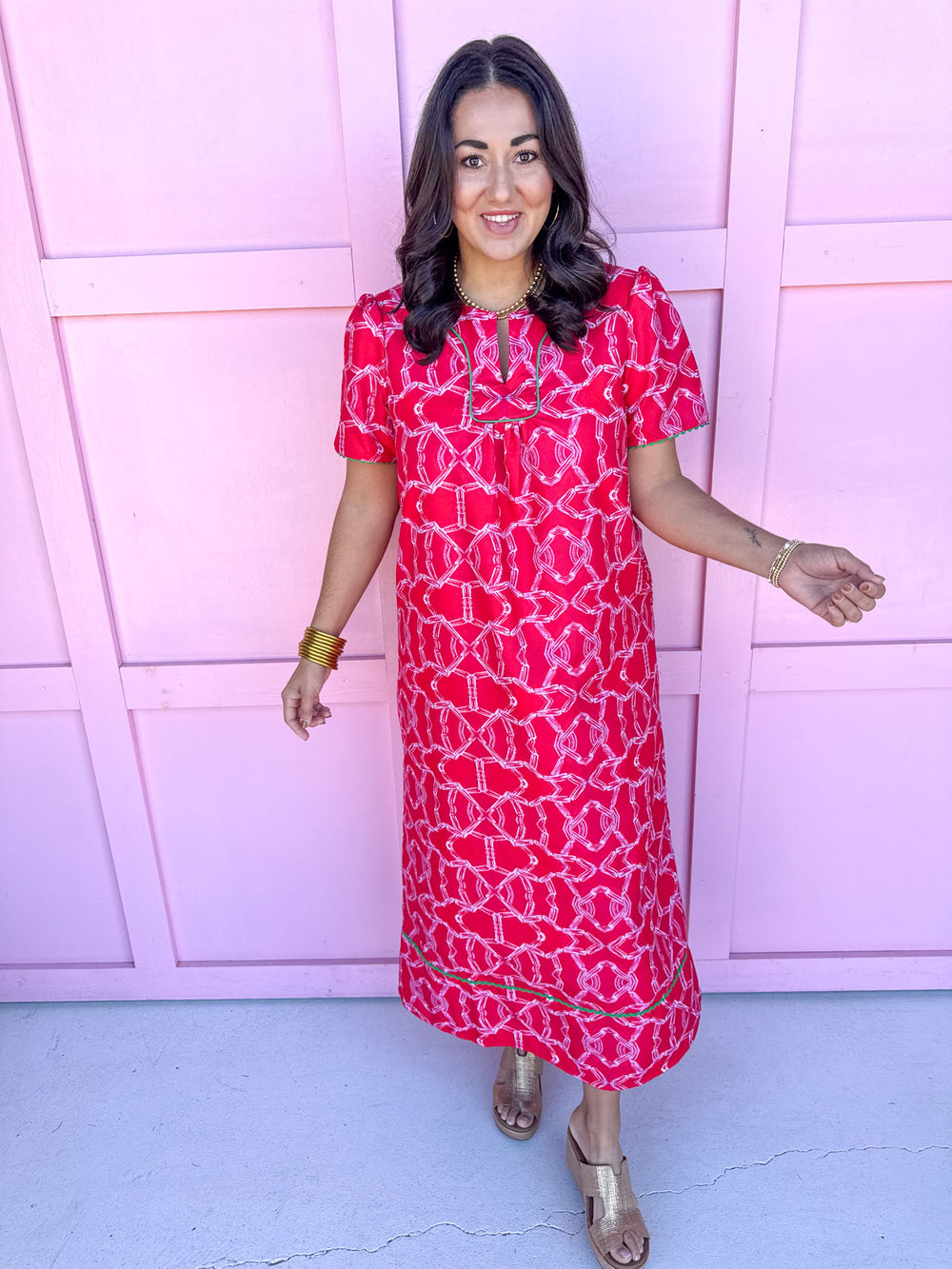 Jincy's Women's Boutique Happy Hour Dress Red Dress with White Bamboo Pattern Plus Size