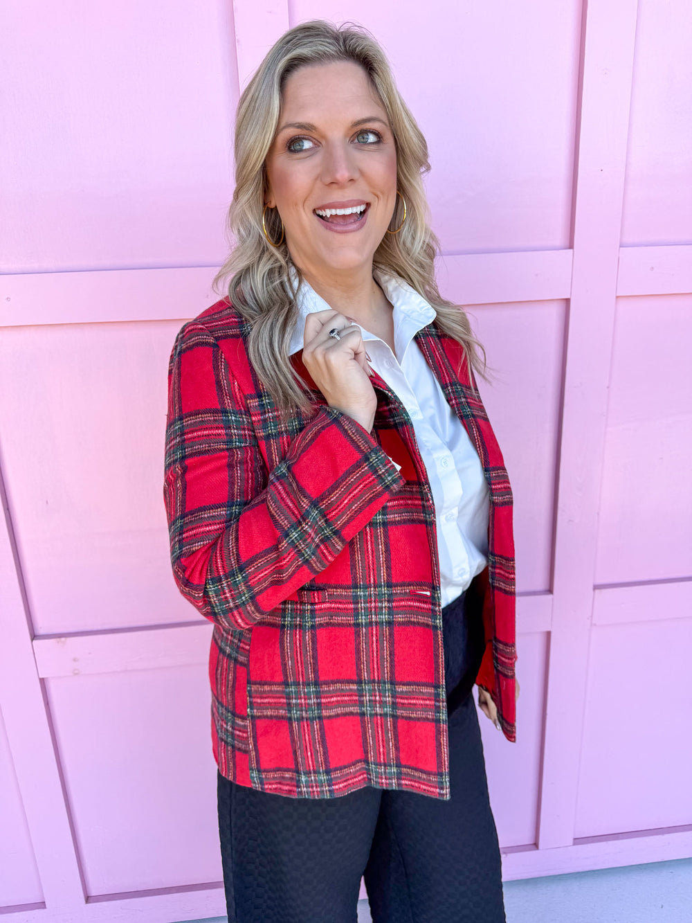 Jincy's Women's Boutique Festive Feeling Jacket Red Plaid Blazer Plus Size