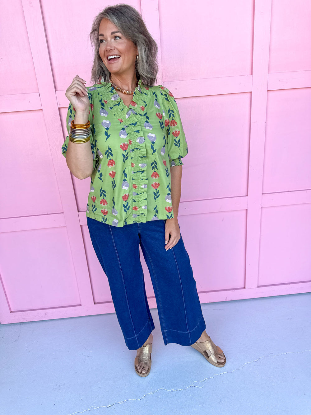 Jincy's women's sage floral top with ruffle neckline