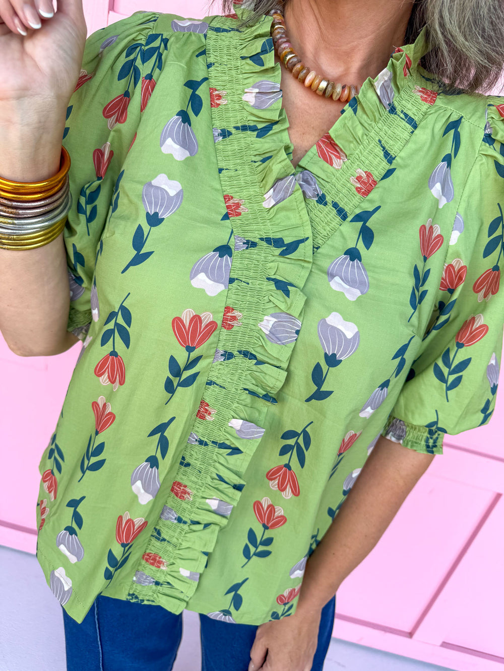 Jincy's women's sage floral top with ruffle neckline