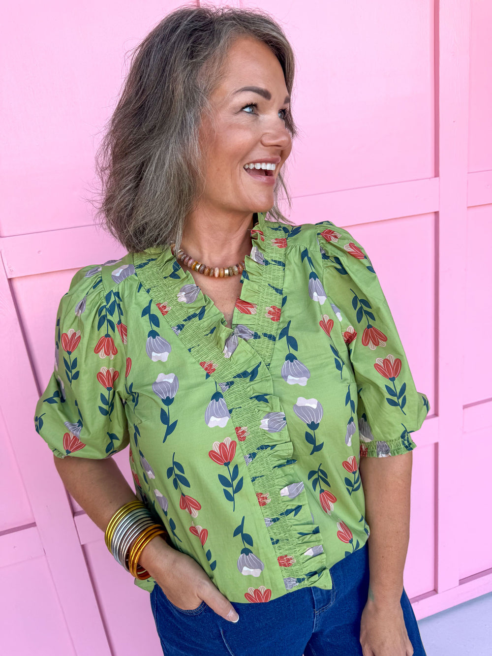 Jincy's women's sage floral top with ruffle neckline