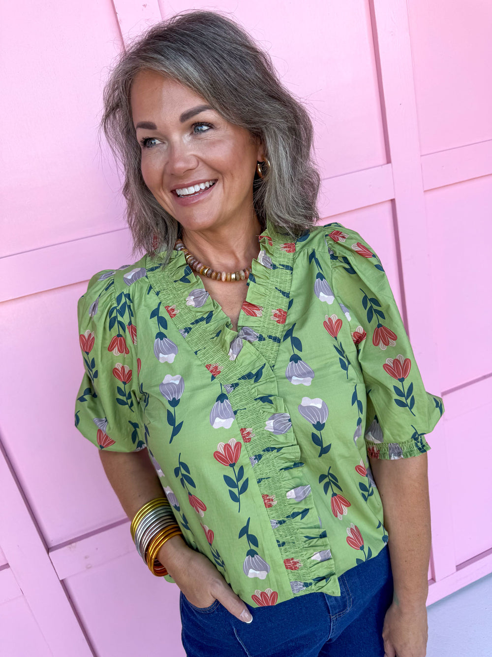 Jincy's women's sage floral top with ruffle neckline