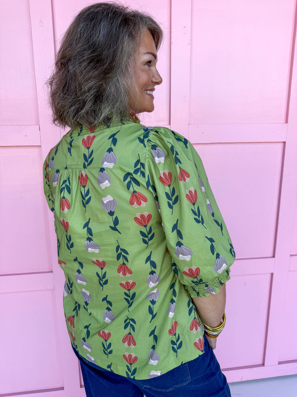 Jincy's women's sage floral top with ruffle neckline