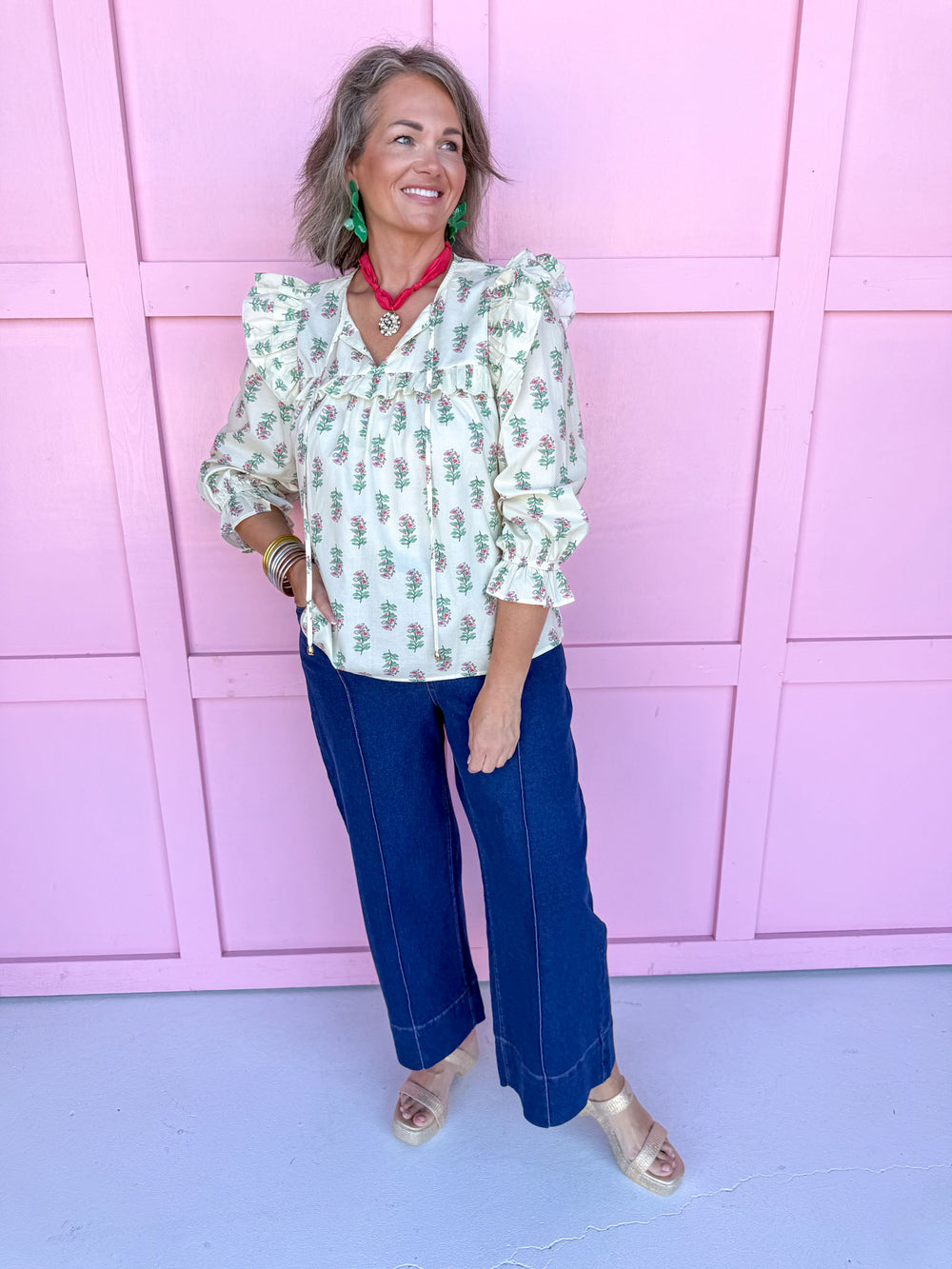 Jincy's women's long ruffle sleeve floral top