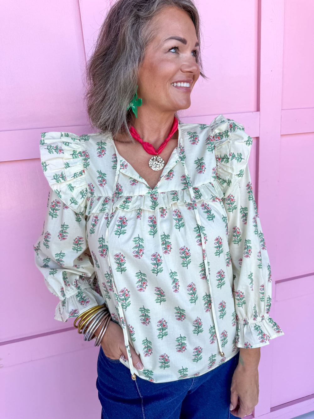 Jincy's women's long ruffle sleeve floral top