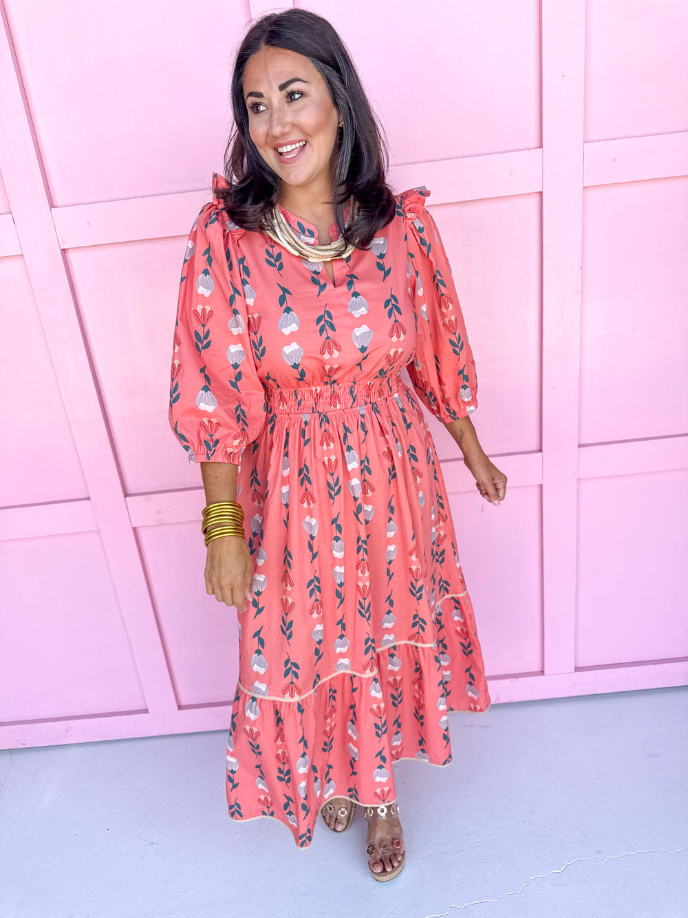 Jincy's women's coral v neck floral dress fall