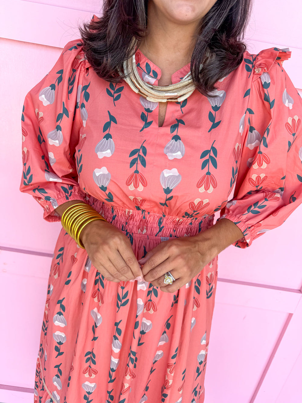 Jincy's women's coral v neck floral dress fall