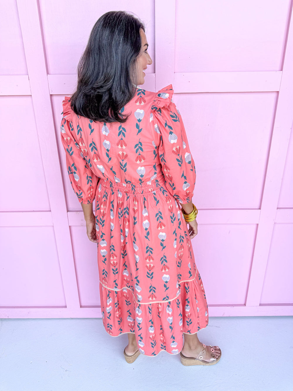 Jincy's women's coral v neck floral dress fall