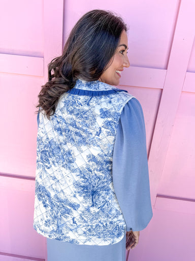 womens boutique vest collared blue white toile pattern jincy's