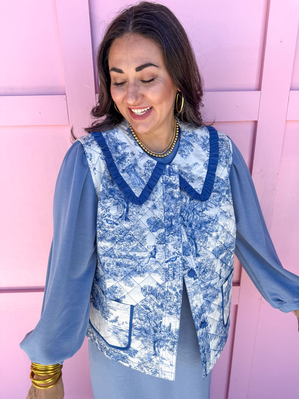 womens boutique vest collared blue white toile pattern jincy's