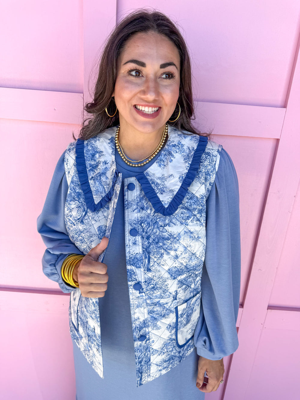 womens boutique vest collared blue white toile pattern jincy's