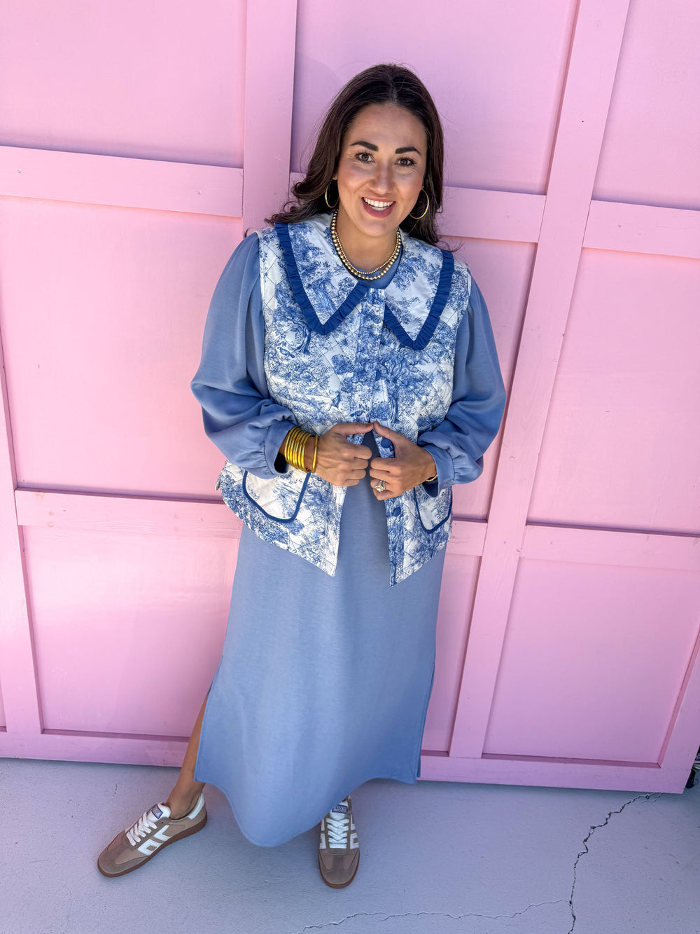 womens boutique vest collared blue white toile pattern jincy's