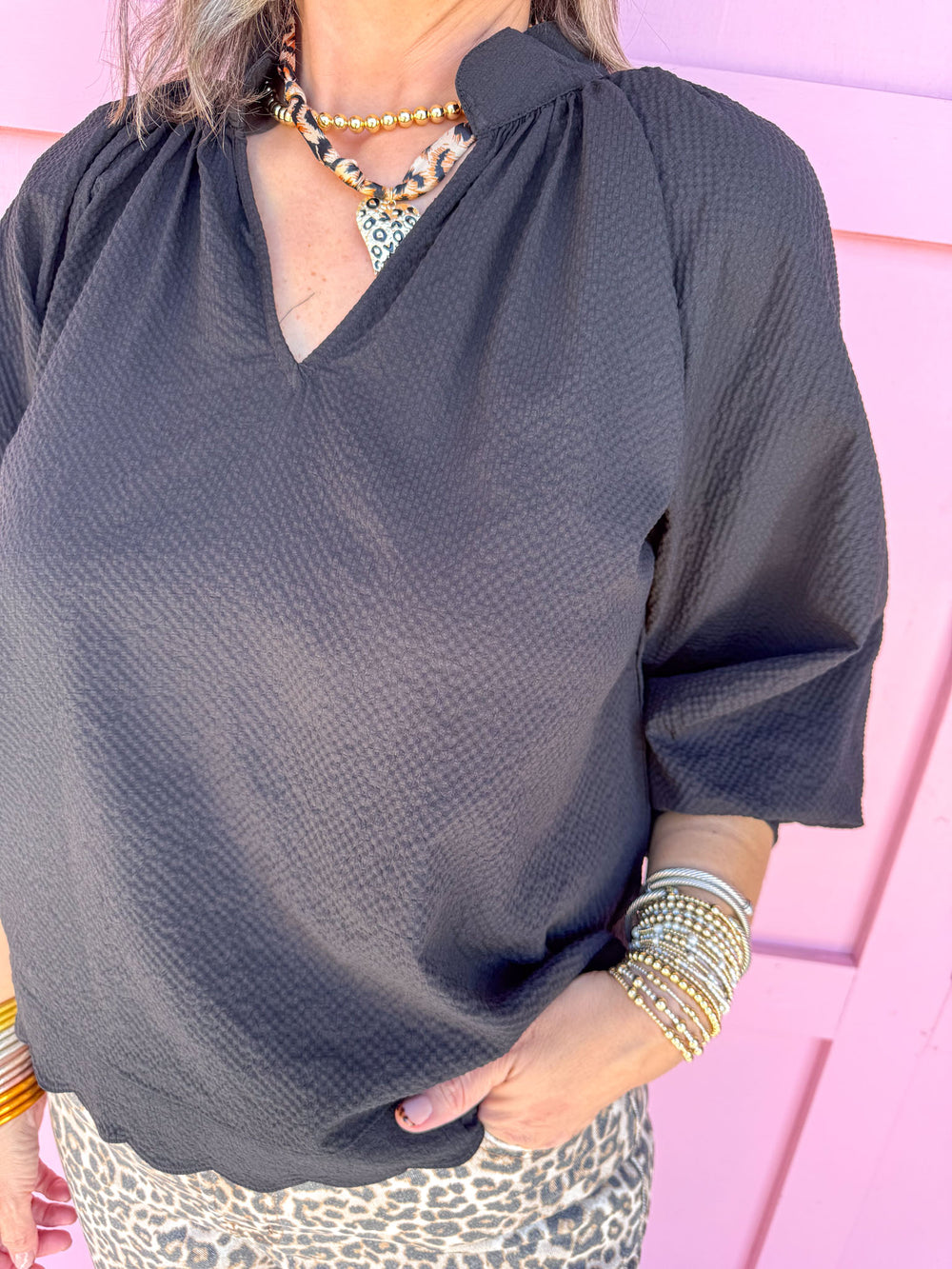 Jincy's Womens Boutique Black 3/4 sleeve crinkle top