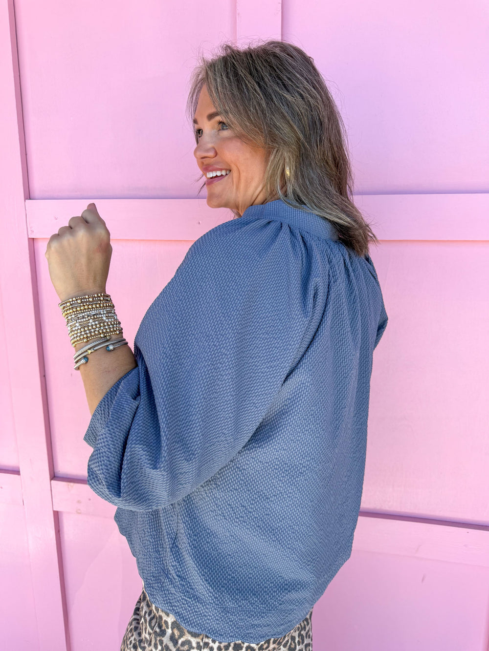 Jincy's Womens Boutique Steel Blue 3/4 sleeve crinkle top 