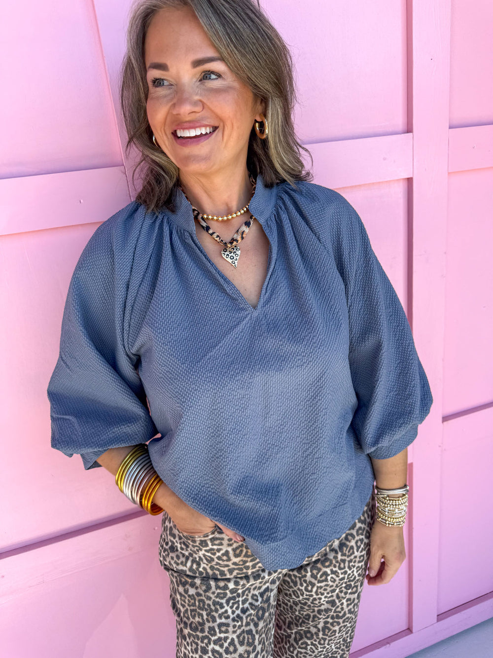 Jincy's Womens Boutique Steel Blue 3/4 sleeve crinkle top 