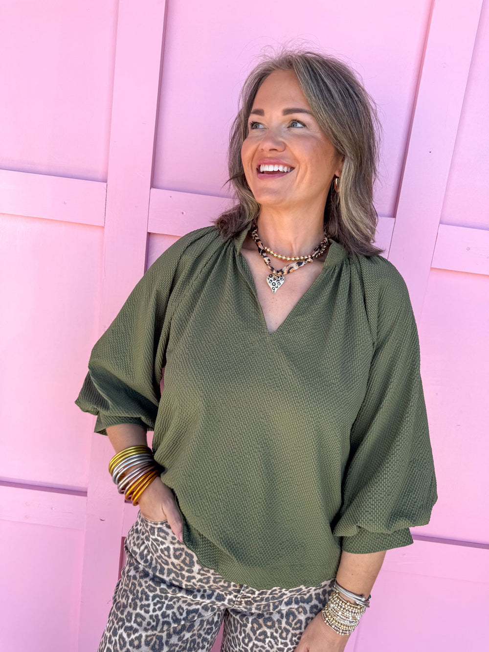 Jincy's Womens boutique Olive  3/4 sleeve top 