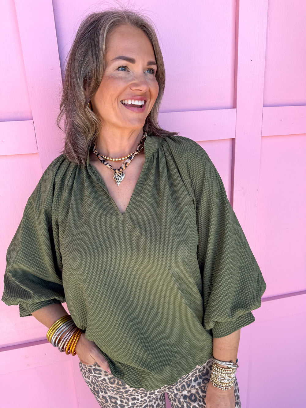 Jincy's Womens boutique Olive  3/4 sleeve top 