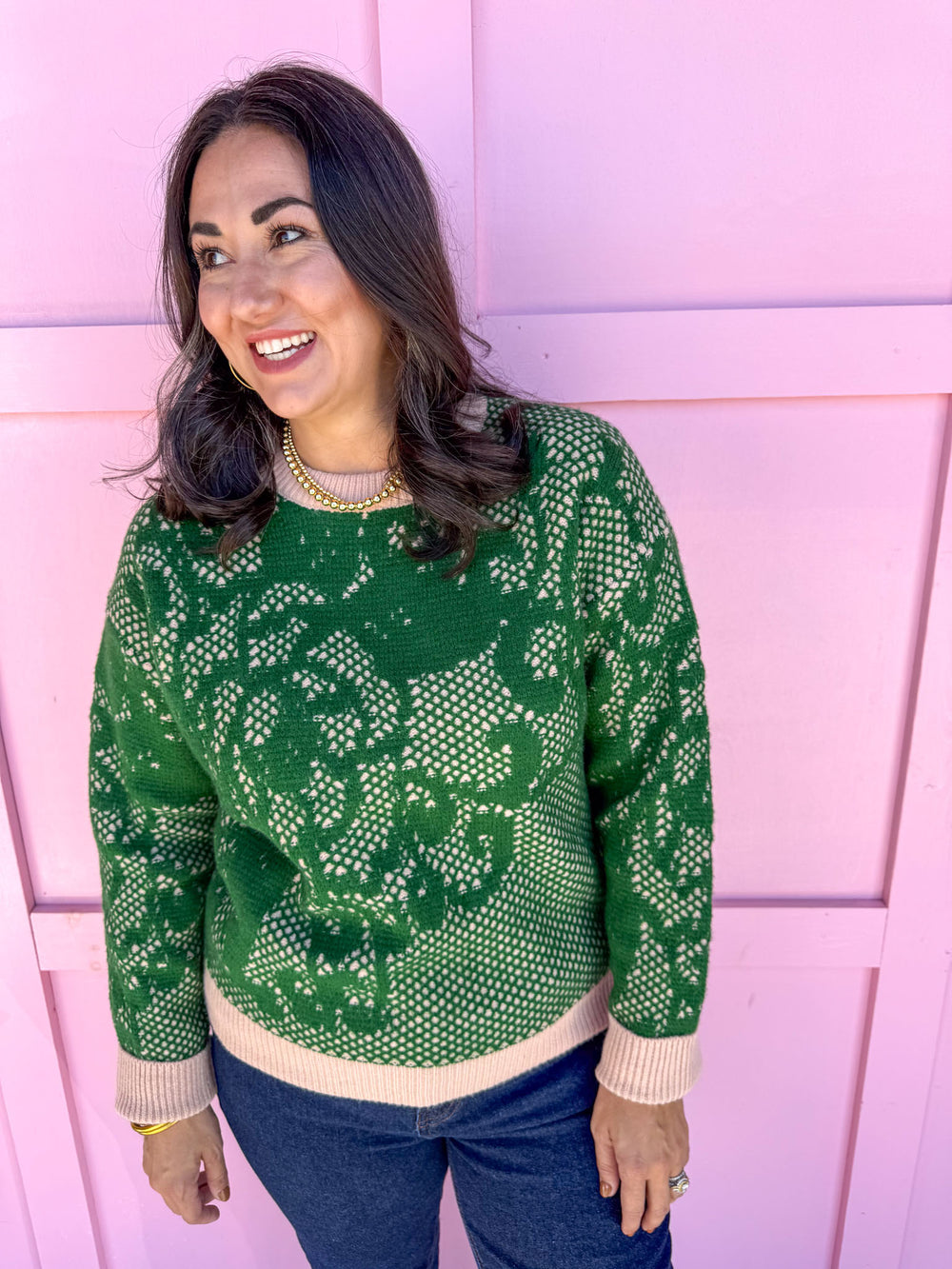 womens boutique sweater green cream jincy's