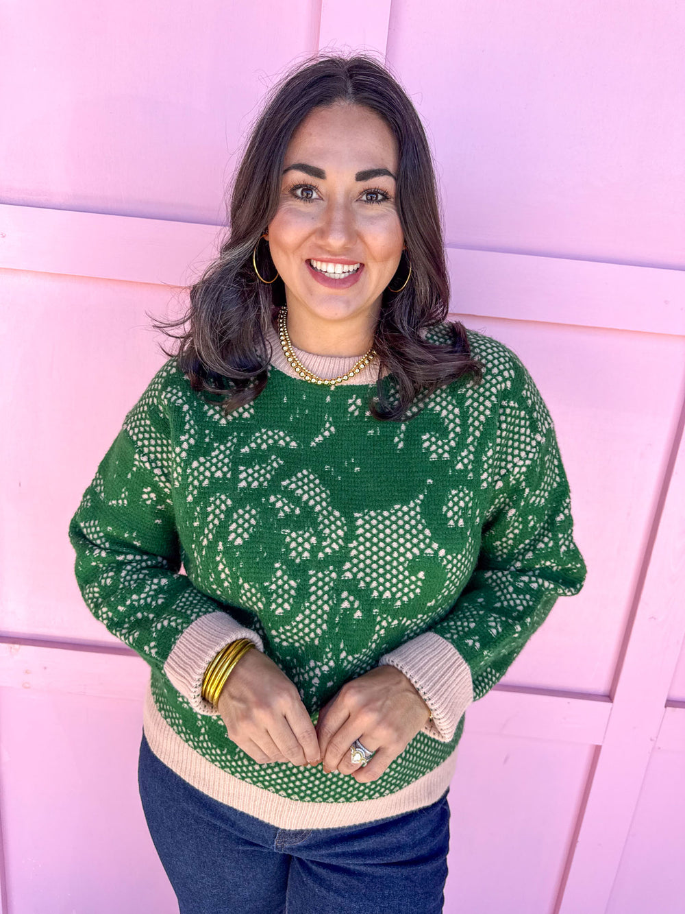 womens boutique sweater green cream jincy's