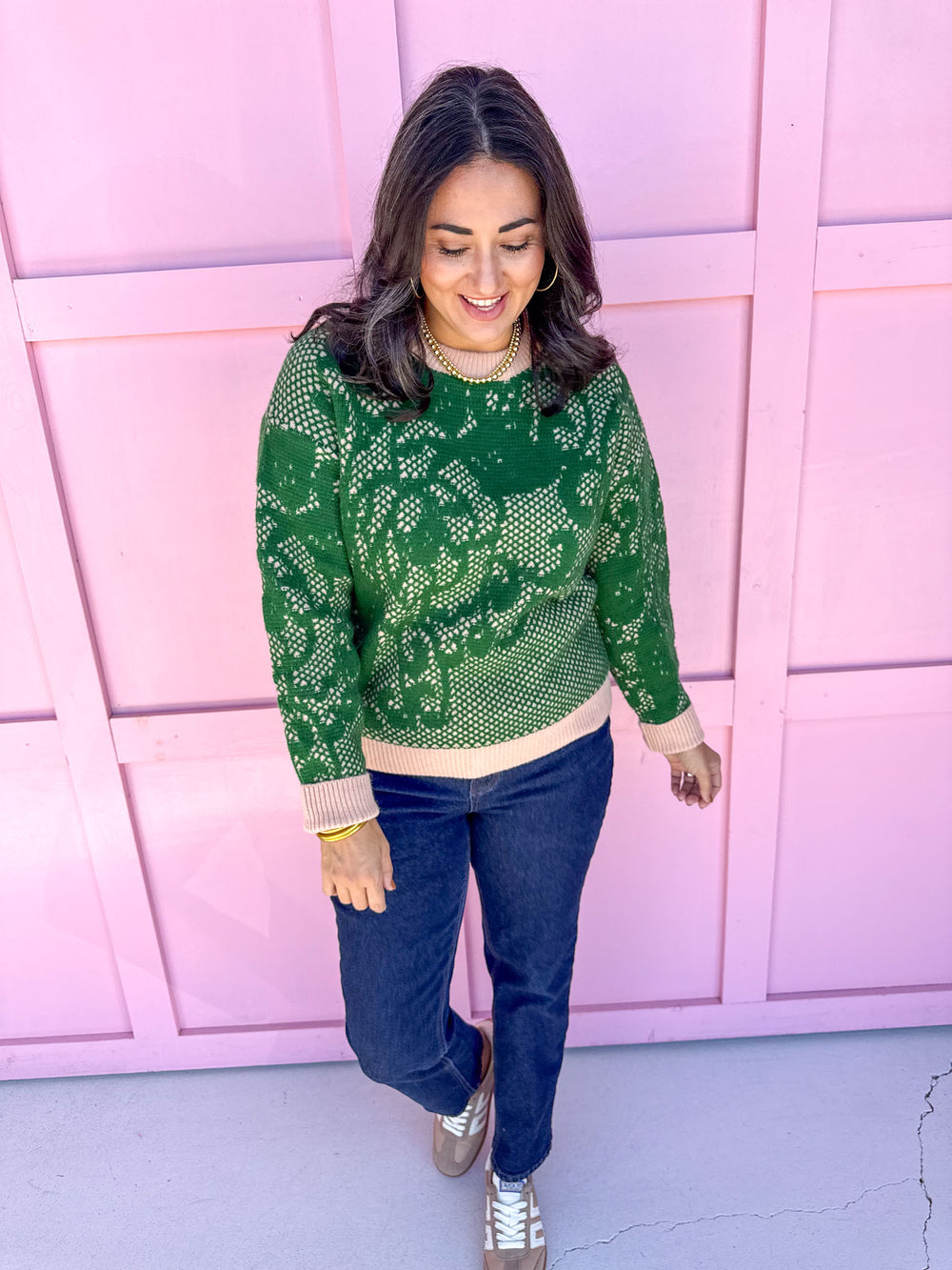 womens boutique sweater green cream jincy's