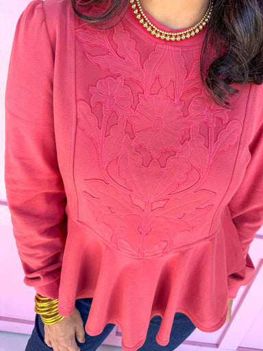 Jincy's Womens boutique peplum Sweatshirt with floral embroidery