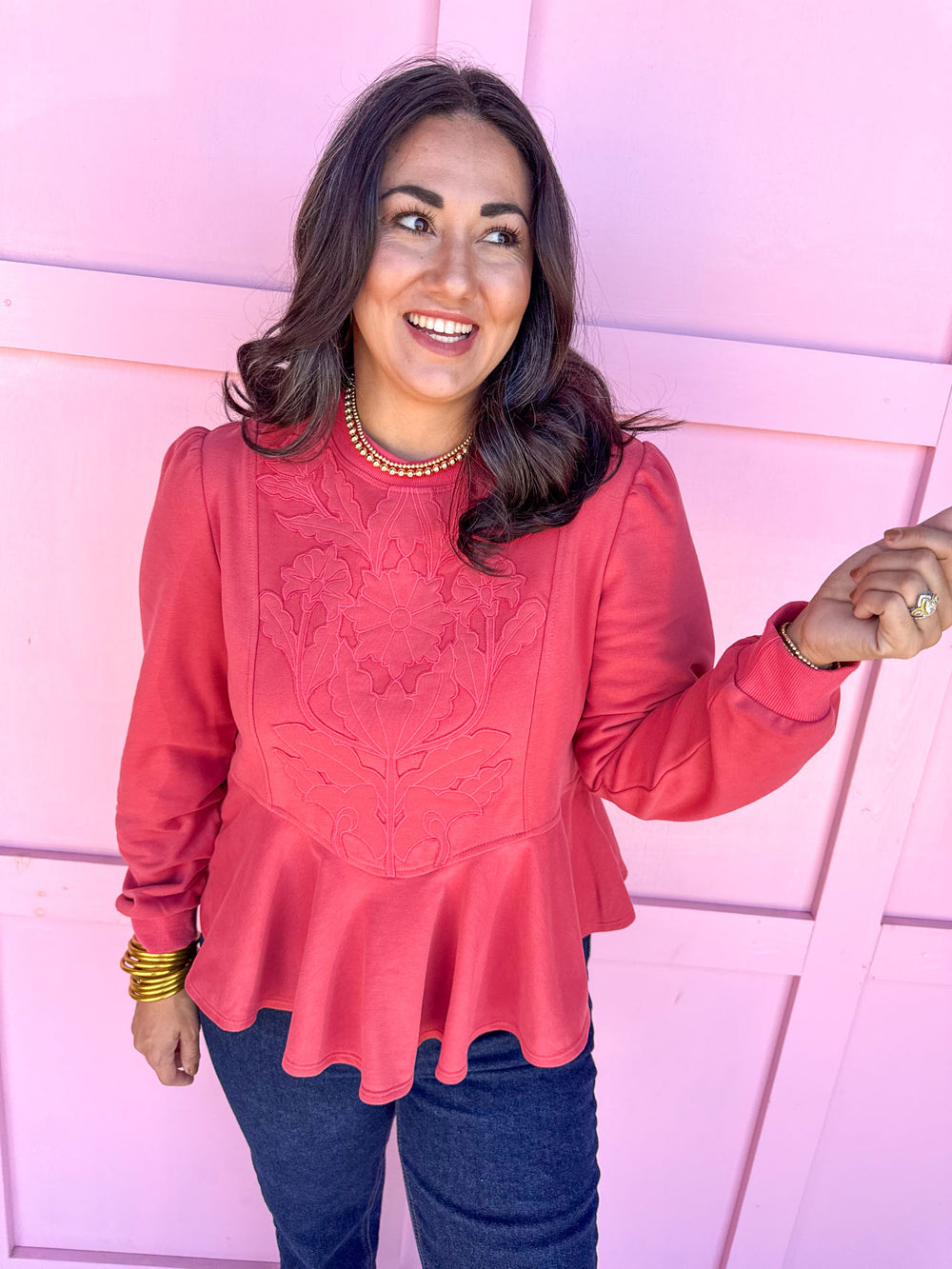 Jincy's Womens boutique peplum Sweatshirt with floral embroidery