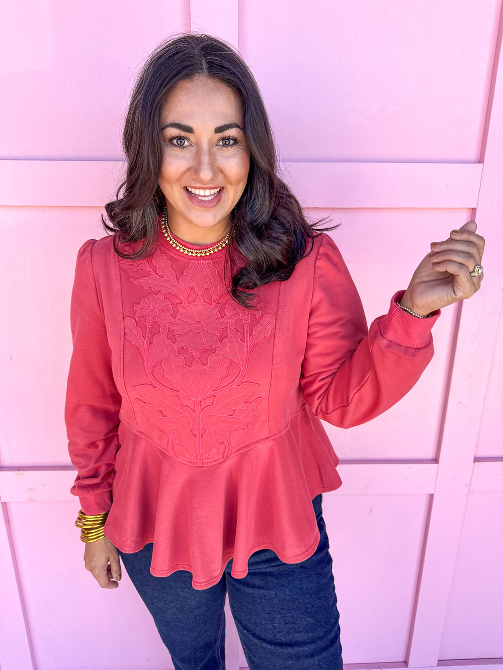 Jincy's Womens boutique peplum Sweatshirt with floral embroidery