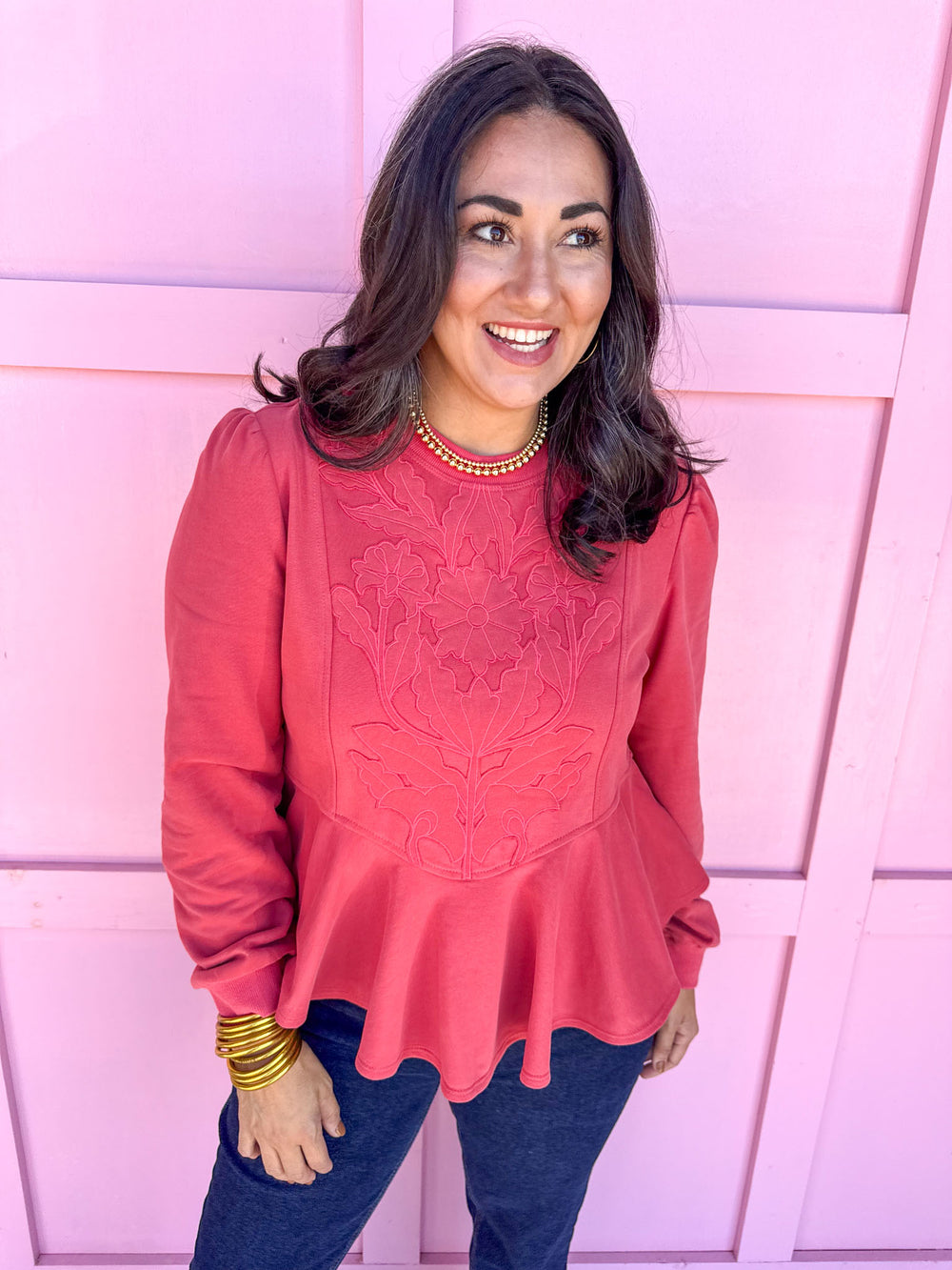 Jincy's Womens boutique peplum Sweatshirt with floral embroidery