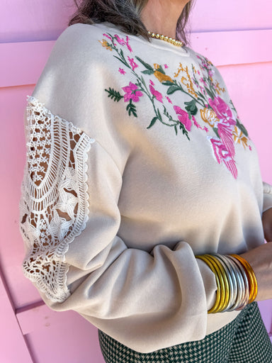 womens boutique embroidered floral detail crochet design on sleeves jincy's