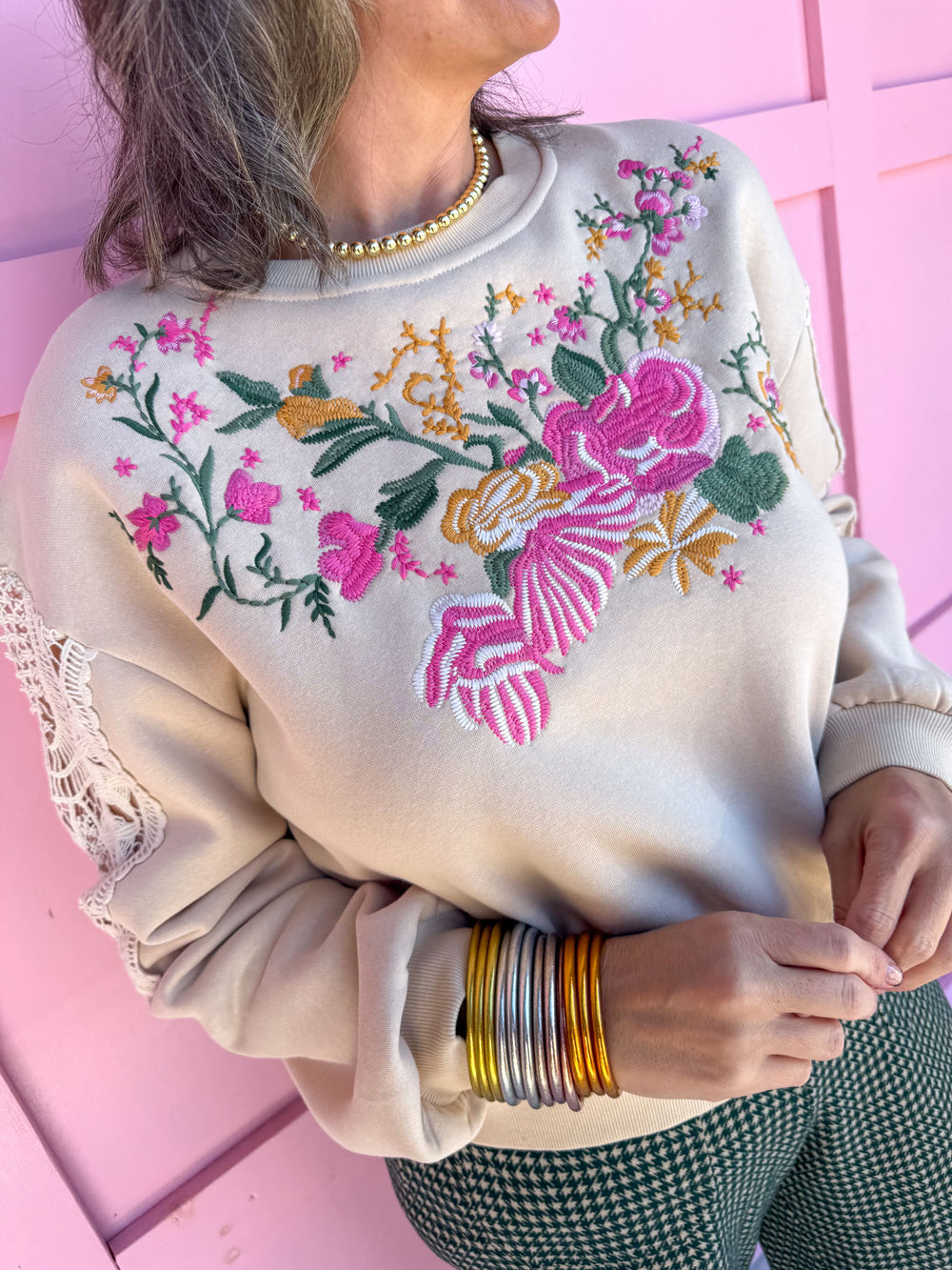 womens boutique embroidered floral detail crochet design on sleeves jincy's