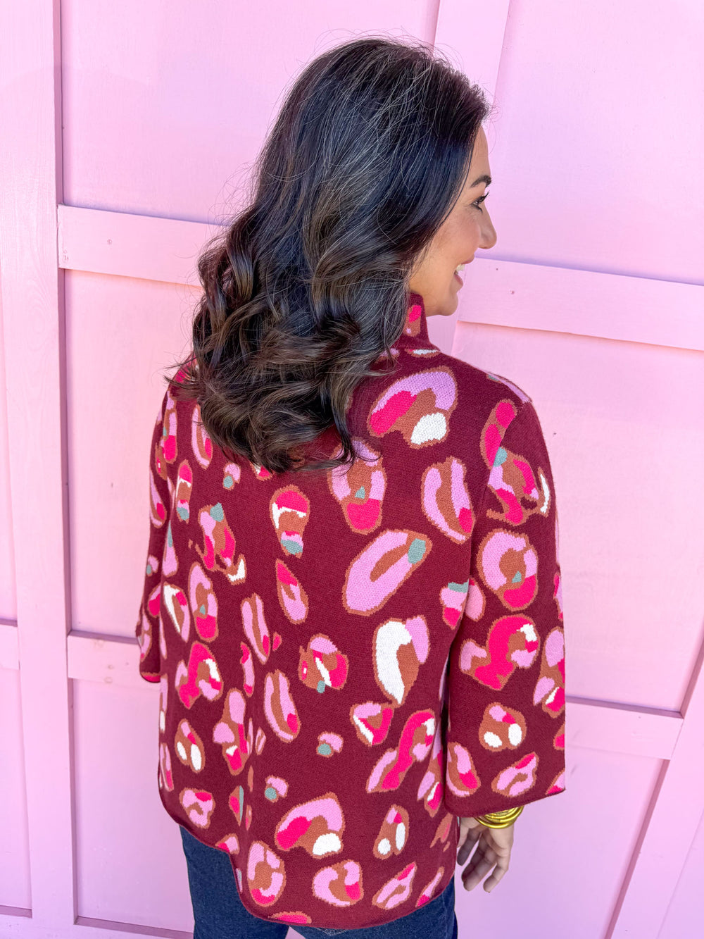 Jincy's Womens Boutique Merlot 3/4 Sleeve Sweater with abstract leopard print