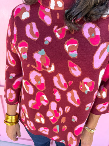 Jincy's Womens Boutique Merlot 3/4 Sleeve Sweater with abstract leopard print