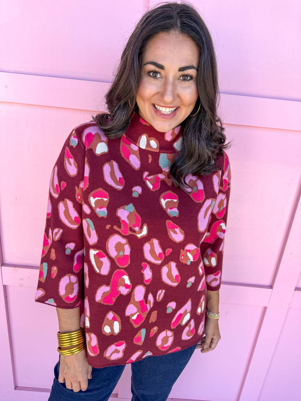 Jincy's Womens Boutique Merlot 3/4 Sleeve Sweater with abstract leopard print