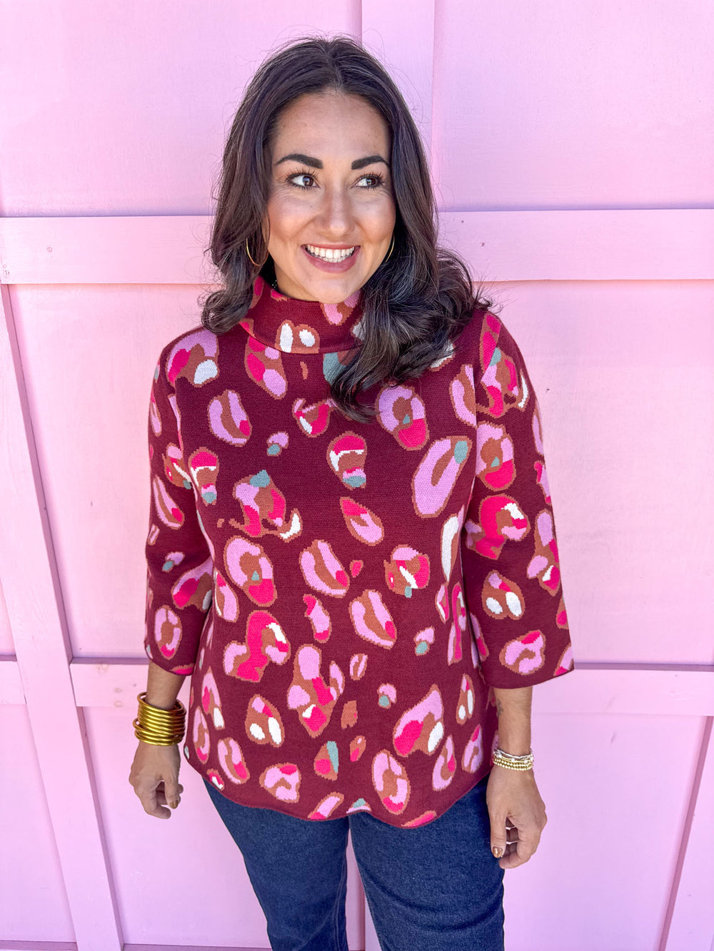 Jincy's Womens Boutique Merlot 3/4 Sleeve Sweater with abstract leopard print