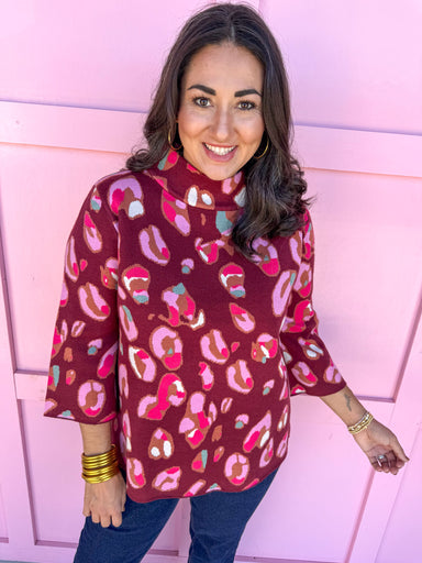 Jincy's Womens Boutique Merlot 3/4 Sleeve Sweater with abstract leopard print