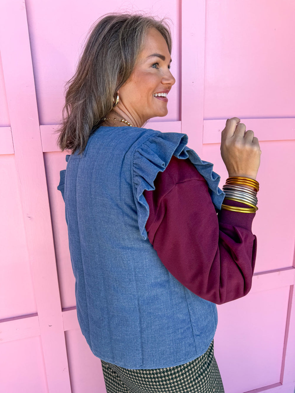 Jincy's Womens boutique denim ruffle sleeve vest with bow ties