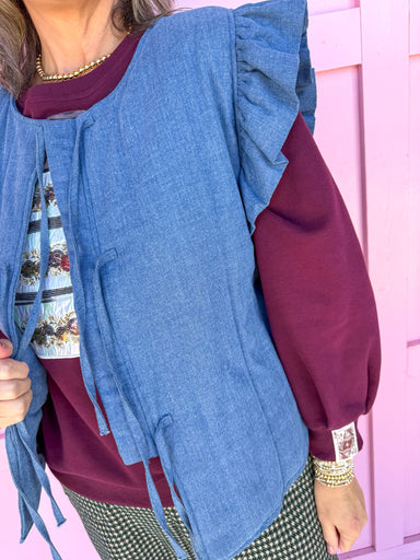 Jincy's Womens boutique denim ruffle sleeve vest with bow ties