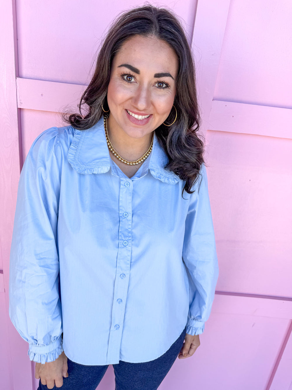 Jincy's Womens Boutique clothing oxford button up shirt light blue