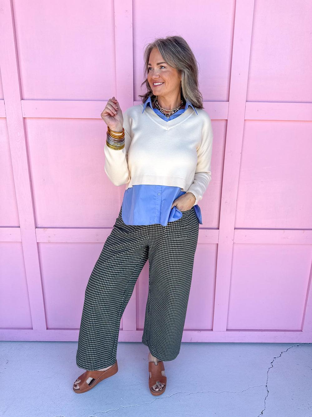 womens boutique top layered look casual work cream blue jincy's