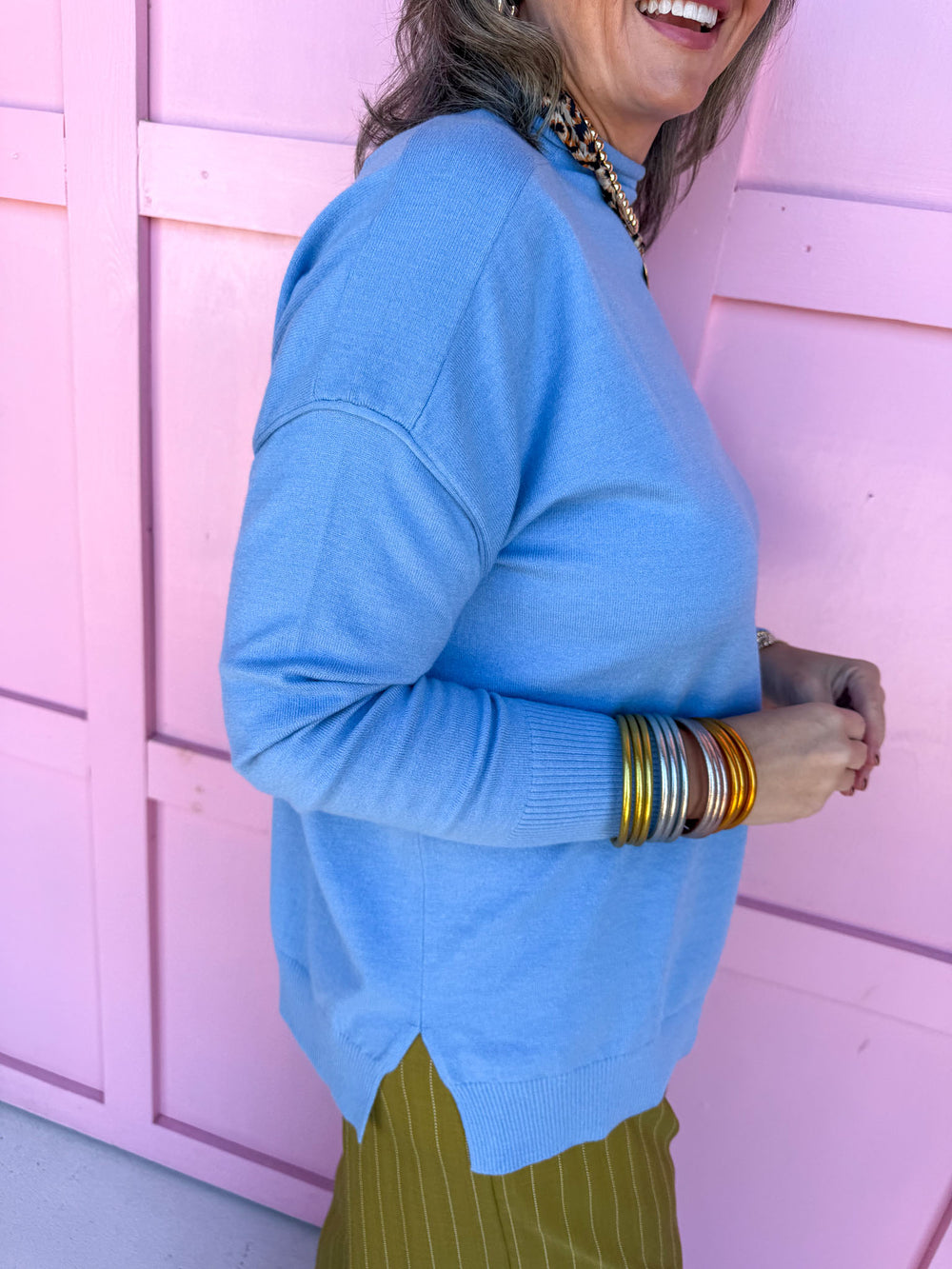 Jincy's Women's boutique cotton blue mock neck sweater