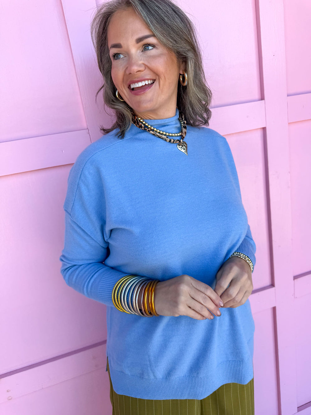 Jincy's Women's boutique cotton blue mock neck sweater