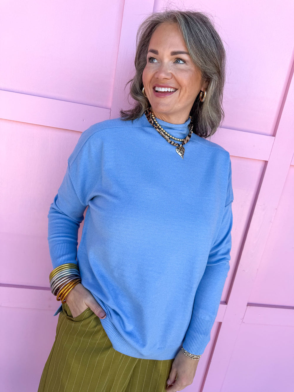 Jincy's Women's boutique cotton blue mock neck sweater